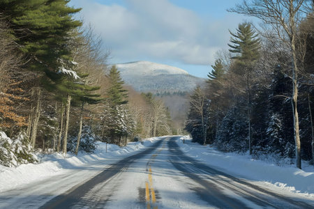 A tranquil winter scene. A snow covered road winds through a snowy forest with a mountain in the background.の写真素材