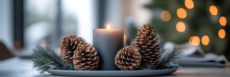 A gray candle burns brightly surrounded by pine cones and evergreen branches, creating a cozy winter scene.の写真素材