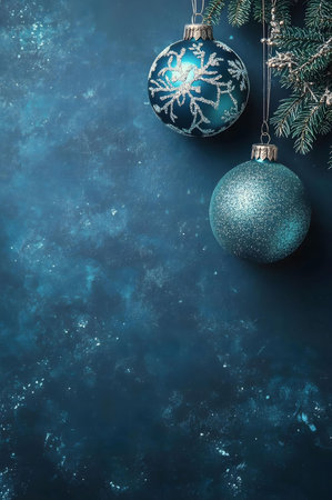 Two elegant teal Christmas ornaments hanging from a fir branch against a dark blue background.の写真素材