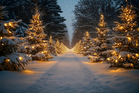 A snow-covered path lined with illuminated Christmas trees creates a magical winter scene.の写真素材