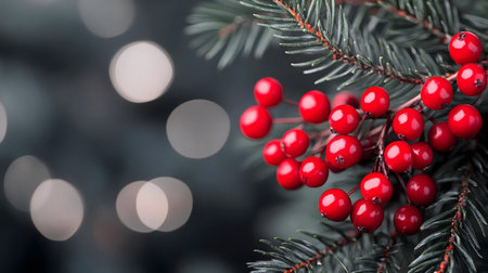 Close-up of vibrant red berries on a lush evergreen branch. Festivals and winters.の写真素材