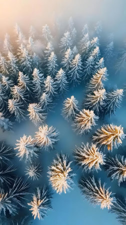 Stunning aerial shot of a snow covered forest during winter. Serene atmosphere.