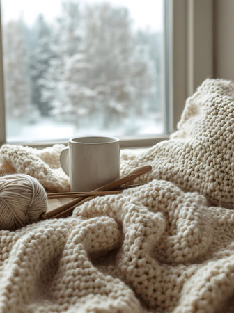A cozy winter scene featuring a cream-colored knit blanket, a mug of coffee, and a snowy view...