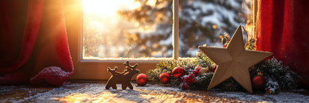 A heartwarming Christmas scene on a windowsill, featuring festive decorations and a snowy winter view. Warm sunlight adds to the cozy atmosphere.の写真素材