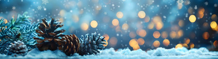 A captivating winter scene featuring snow-covered pine cones and branches, set against a dreamy...
