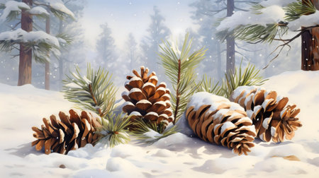 A serene winter scene featuring snow-covered pine cones nestled amongst snow-laden pine branches in...