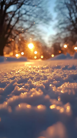 Stunning winter sunset, snow sparkles with warm light.の写真素材
