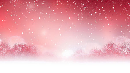 A dreamy winter scene with a pink sky, falling snow, and a misty forest. Peaceful and magical.の写真素材