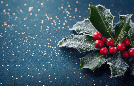 A close-up of a snowy holly branch with red berries on a glittery blue background. Perfect for Christmas cards or winter decorationsの写真素材