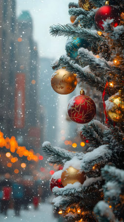 A snow-covered Christmas tree adorned with festive ornaments stands against a blurry city backdrop. A magical winter scene.の写真素材