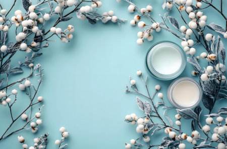 Luxury skincare products displayed with winter branches. Perfect for beauty blogs.の写真素材