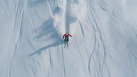 A skier gracefully carves down a snowy mountainside, leaving a trail of fresh powder. Aerial view.の写真素材