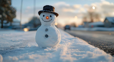 A small snowman with a top hat stands proudly on a snowy roadside during a picturesque sunset.の写真素材