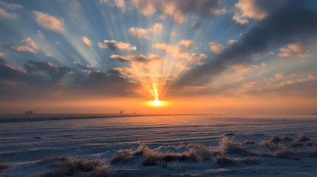 A breathtaking winter sunset. Sunbeams burst through the clouds, illuminating a snow-covered field.の写真素材