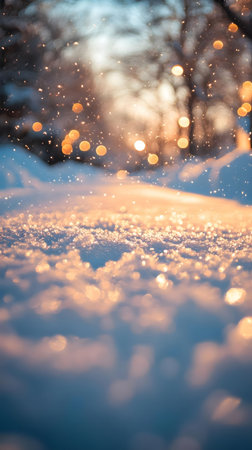 A breathtaking winter sunset scene with snow glistening in the golden light. Magical winter atmosphere.の写真素材