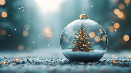 A glass Christmas ball encloses a tiny snow-covered Christmas tree, creating a magical winter scene. Festive lights add to its charm.の写真素材