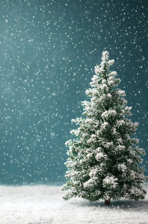 A snow-covered Christmas tree under a softly falling snow. Winter wonderland scene.の写真素材