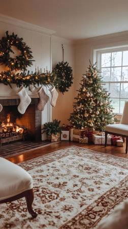 A warm and inviting living room decorated for Christmas. Features a fireplace, decorated Christmas tree, and festive decorations.の写真素材