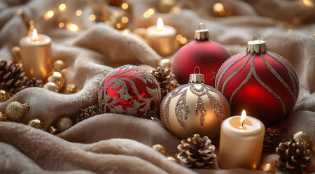 Red and gold Christmas ornaments nestled on a soft fabric with glowing candles and pine cones.の写真素材