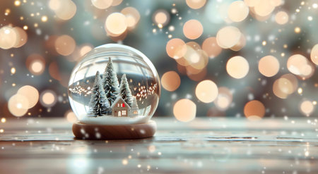 A captivating snow globe showcasing a miniature winter scene, complete with trees and a house, rests on a wooden surface against a bokeh background.の写真素材