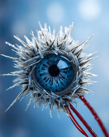 A macro shot of a frozen plant with an eye detail, creating a surreal winter scene.