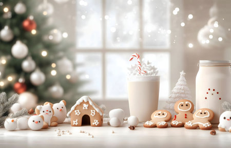 A charming winter scene featuring gingerbread cookies, hot chocolate, and a festive Christmas tree. Perfect for holiday cards.の写真素材