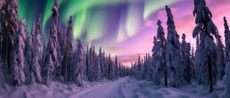 A breathtaking panorama of the Aurora Borealis dancing over a snow covered forest path.の写真素材