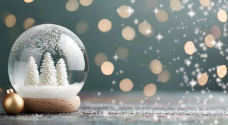 A captivating image of a snow globe showcasing a miniature winter scene, illuminated with festive lights.の写真素材
