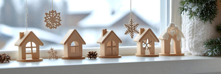 Charming wooden houses and snowflakes adorn a cozy windowsill, creating a festive winter scene.の写真素材