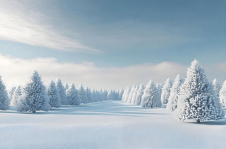 A breathtaking winter scene with snow-laden pine trees under a serene sky. The tranquil atmosphere evokes a sense of peace and wonder.の写真素材