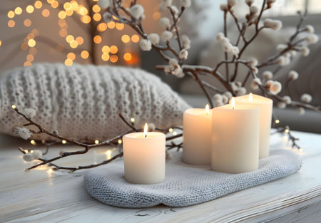 Scenic winter ambiance with lit candles, soft knitted textures, and delicate branches. A picture of cozy home decor.の写真素材