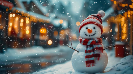 A heartwarming snowman stands amidst a snowy village, festively lit for the holidays. A scene of pure winter joy.の写真素材