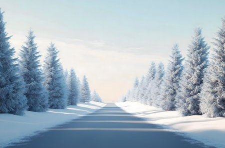 A picturesque winter scene featuring a snow-covered road winding through a tranquil forest of snow-laden evergreen trees.の写真素材