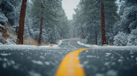 A winding road covered in fresh snow, surrounded by snow-covered pine trees. A tranquil winter scene.の写真素材