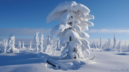 A breathtaking winter scene featuring snow-covered trees in a serene, frosty landscape under a bright blue sky.の写真素材