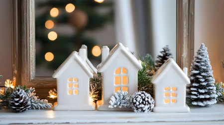 Charming ceramic houses illuminated with warm light, nestled among snowy pine cones and fairy lights, creating a cozy winter village scene.の写真素材