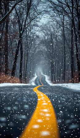 Snowy road through a winter forest. Peaceful and serene atmosphere.の写真素材