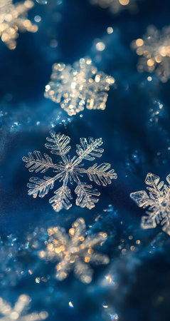Stunning macro shot of glistening snowflakes against a deep blue backdrop. A winter wonderland captured.の写真素材