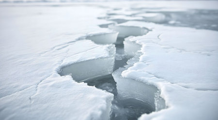 Frozen lake surface with snow and ice cracks. Winter scene, arctic landscape.