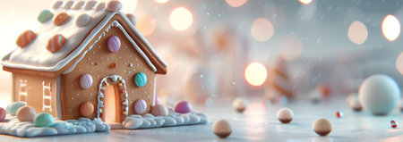 A delightful gingerbread house decorated with colorful candies sits in a snowy setting with soft, warm lights in the background.の写真素材