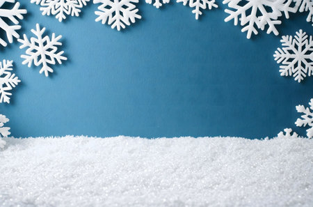 White snowflakes frame a snowy scene against a teal backdrop. Perfect for winter or holiday designs.の写真素材