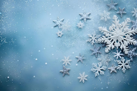 A beautiful winter scene featuring many snowflakes on a light blue background. Perfect for Christmas or winter themed projects.の写真素材
