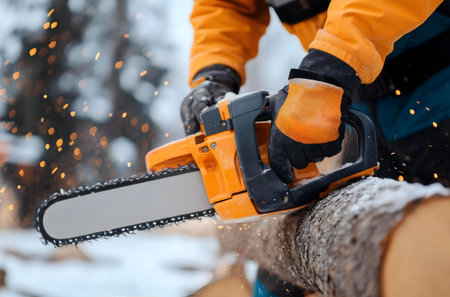 Lumberjack uses a chainsaw in snowy forest. Action shot.の写真素材