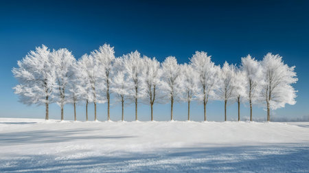 A breathtaking winter scene featuring a row of trees covered in frost, set against a vibrant blue...