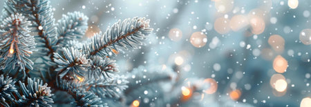 A frosty winter scene with snow falling on a beautifully decorated Christmas tree branch. Perfect for holiday cards.の写真素材