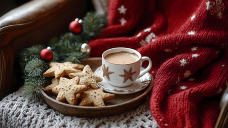 A warm cup of hot chocolate, star-shaped cookies, and a cozy knit blanket create the perfect Christmas scene.の写真素材