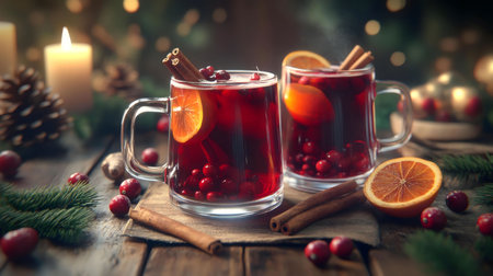 Two mugs of steaming mulled wine, garnished with cranberries, orange slices, and cinnamon sticks. Festive holiday setting.の写真素材
