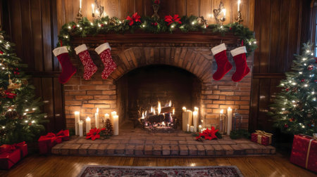 A warm and inviting Christmas scene featuring a fireplace with burning logs, candles, stockings, and Christmas trees.の写真素材