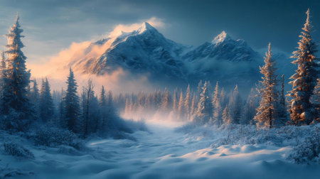 Stunning sunrise illuminates a snow covered mountain range, with frozen forest. Peaceful winter scene.の写真素材