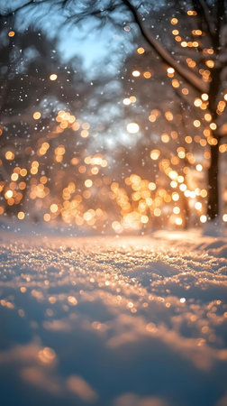 Magical winter scene with falling snow and sparkling lights creating a dreamy atmosphere.